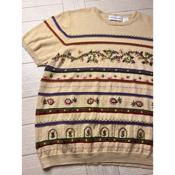 Alfred Dunner ladies short sleeve sweater w/ beaded & embroidered detail. Sz L - Picture 2 of 9
